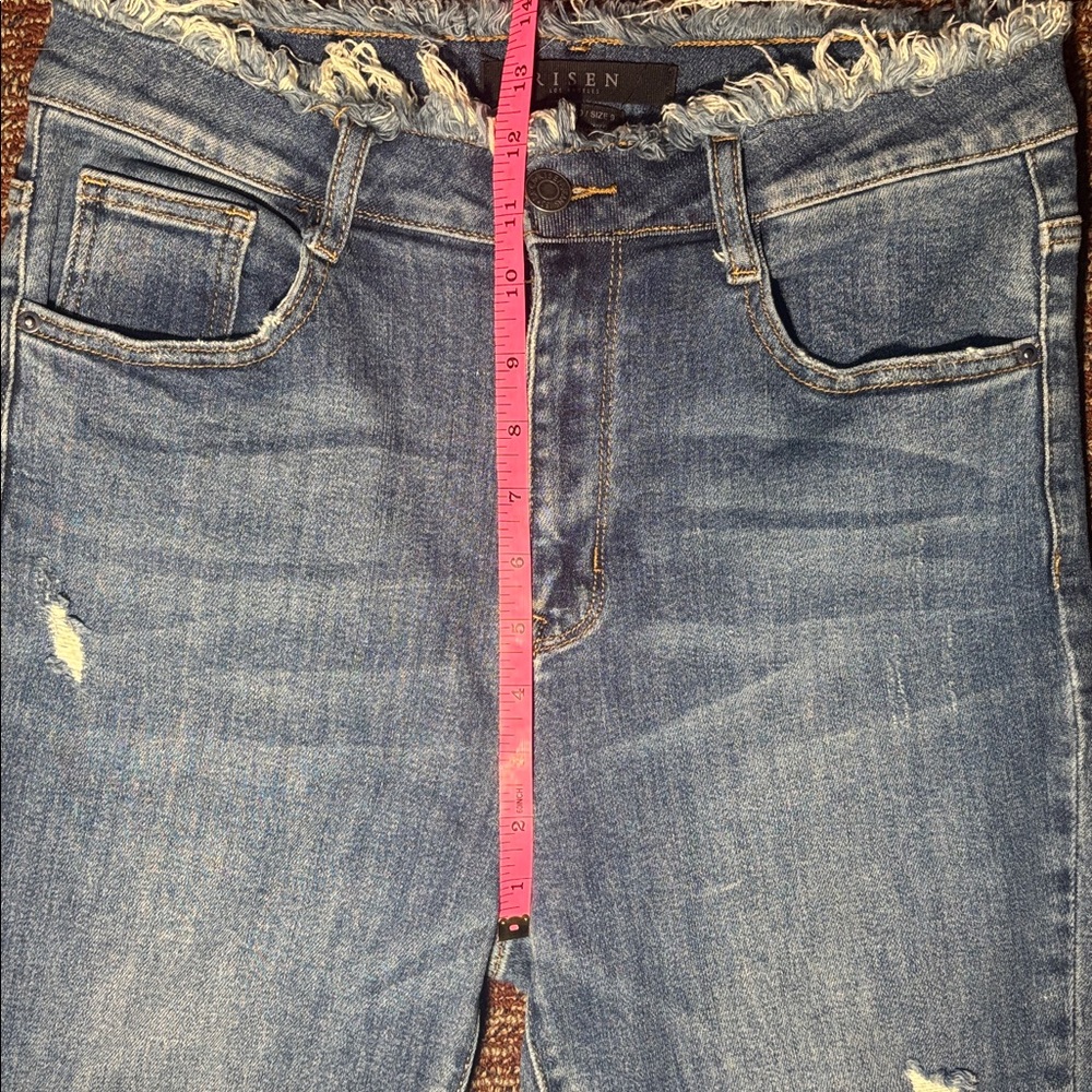 Risen denim crop frayed distressed medium wash high rise jeans women’s 29 size 9 - Picture 11 of 13
